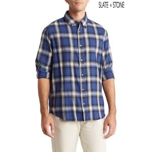 SLATE & STONE MEN NWT L/S COTTON FLANNEL LIGHT BLUE WESTERN PLAID SHIRT. SIZE L
